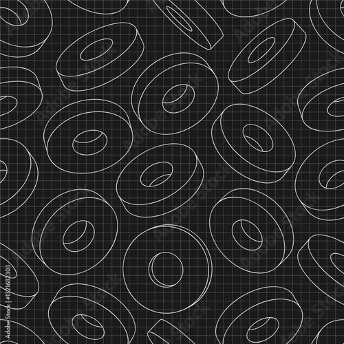 Mechanical engineering drawings on black background. Cutter, assembly tool with replaceable multi-faceted plate. Technical Design. Cover. Blueprint. Vector illustration. Seamless pattern.
