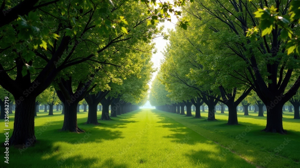 Naklejka premium Keen orchard divided by a swirling ephemeral mist, where rich green foliage meets a soft, dreamy atmosphere. A delicate and enchanting nature scene.