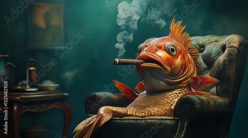 Anthropomorphic fish smoking cigar on chair