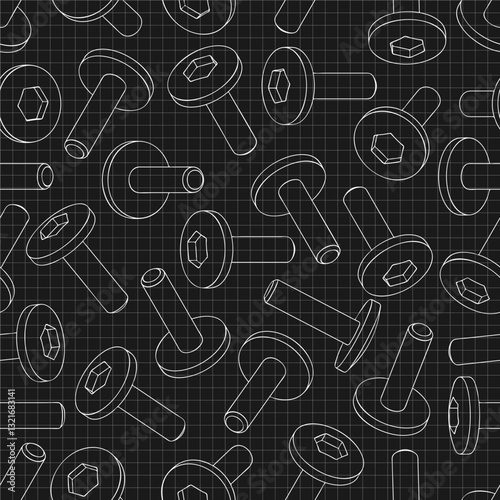 Mechanical engineering drawings on black background. Cutter, assembly tool with replaceable multi-faceted plate. Technical Design. Cover. Blueprint. Vector illustration. Seamless pattern.