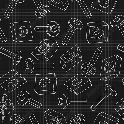 Mechanical engineering drawings on black background. Cutter, assembly tool with replaceable multi-faceted plate. Technical Design. Cover. Blueprint. Vector illustration. Seamless pattern.