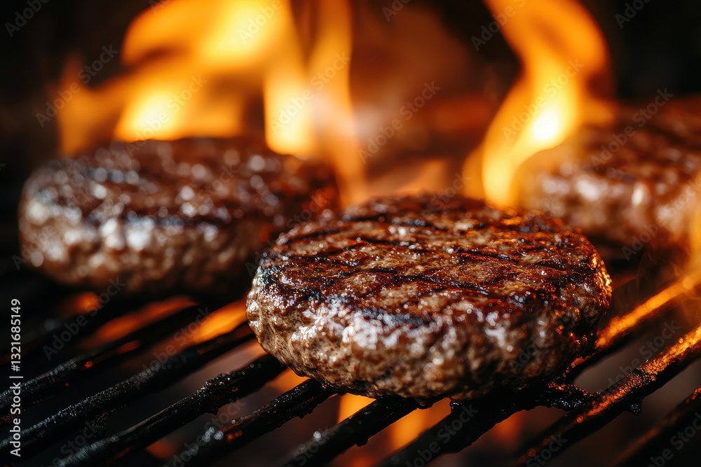 Juicy grilled burger patties sizzle on a hot grill. Perfect for restaurant menus, blogs, or food advertising. Juicy grilled burger patties sizzle on a hot grill. Perfect for restaurant menus, blogs, or food advertising.