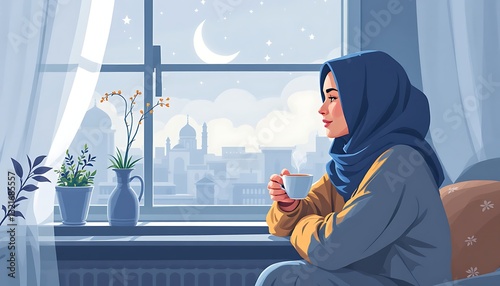 Woman in Hijab Enjoying Coffee with City View at Night