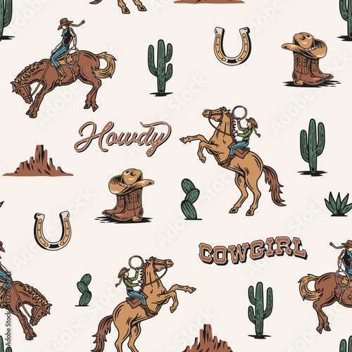 A seamless Western-themed vector pattern featuring Cowgirl, rodeo riders, cacti, horseshoes, desert landscapes, and rustic typography. 