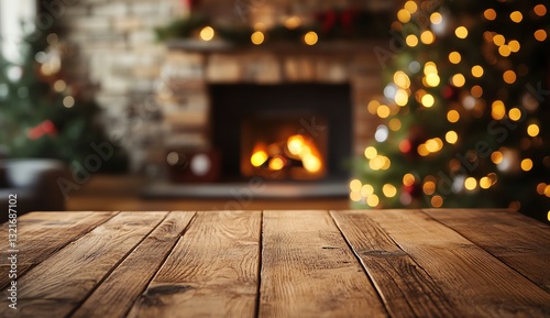 Rustic Wooden Tabletop with Blurred Christmas Tree and Fireplace Background