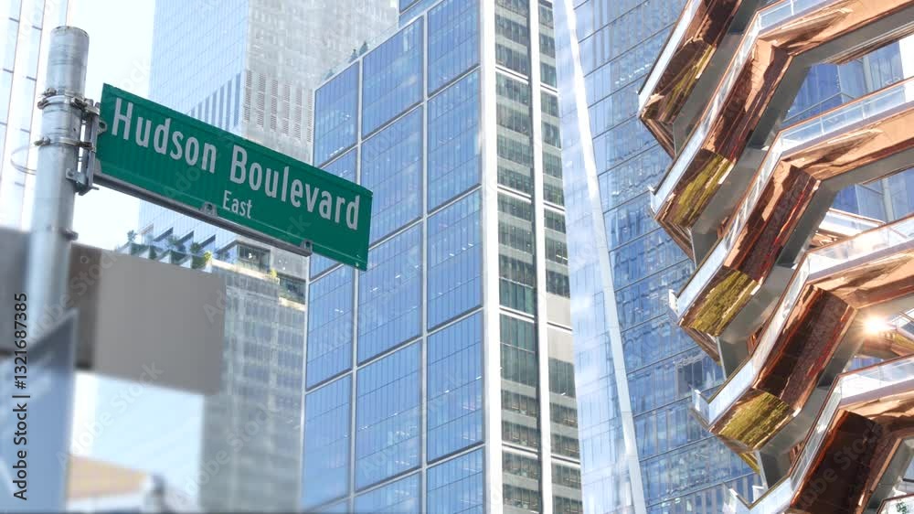 New York City, United States. Hudson Yards urban architecture in Chelsea, Manhattan Midtown, NYC, USA. New modern high-rise glass skyscrapers, american business buildings and real estate. Road sign. New York City, United States. Hudson Yards urban architecture in Chelsea, Manhattan Midtown, NYC, USA. New modern high-rise glass skyscrapers, american business buildings and real estate. Road sign.