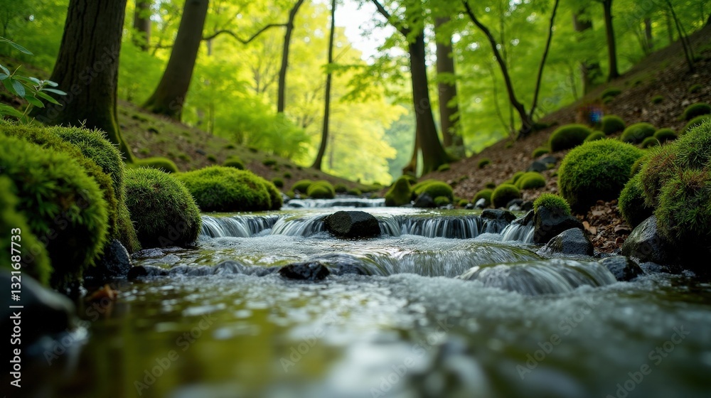Springtime stream flowing through a lush forest, crystal-clear water winding through mossy rocks, sunlight filtering through fresh green leaves, creating a tranquil setting. Springtime stream flowing through a lush forest, crystal-clear water winding through mossy rocks, sunlight filtering through fresh green leaves, creating a tranquil setting.