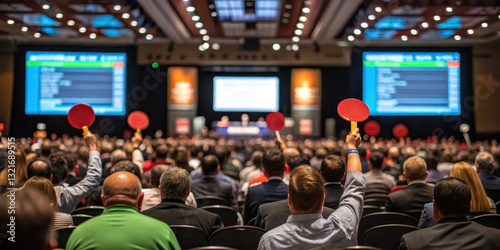 lively auction house with bidders raising paddles in crowded room