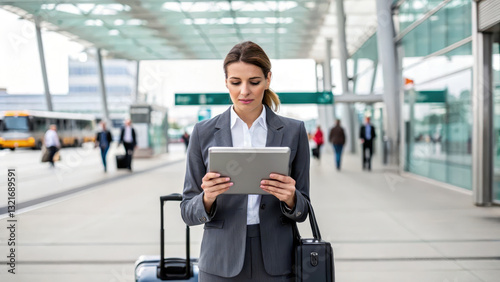 businesswoman in suit checks her flight details on tablet at airport