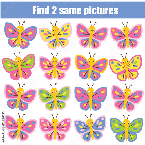 children educational game. Find the same pictures. spot two identical butterflies. fun for kids and toddlers