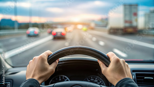Close up of driver hands on wheel, navigating busy highway at sunset
