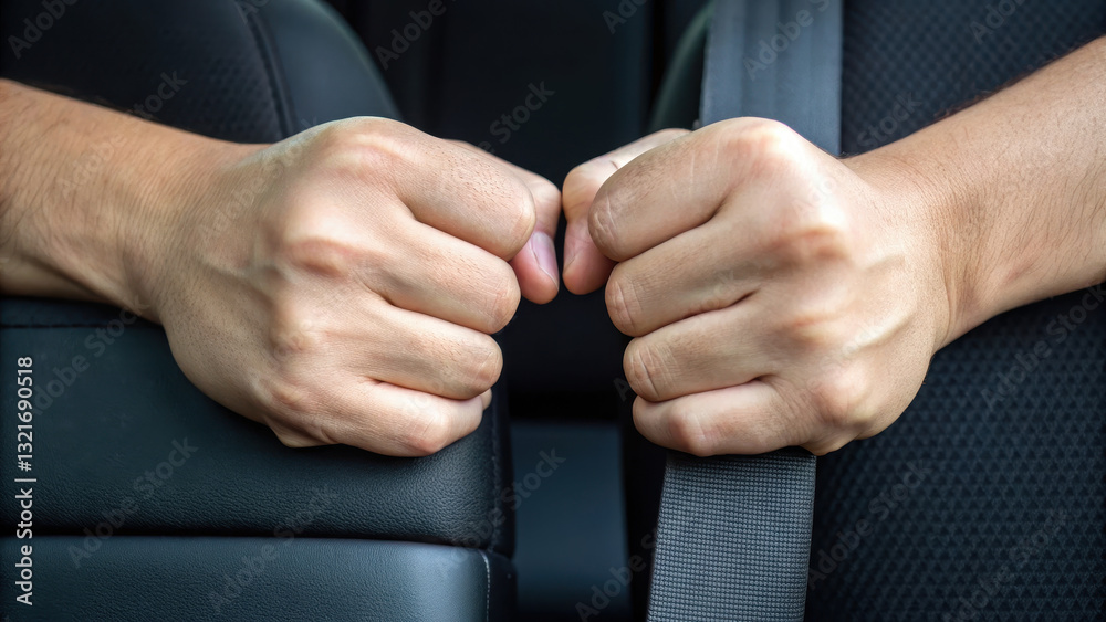 Fototapeta premium Hands gripping armrest tightly, showing tension and anxiety in car interior