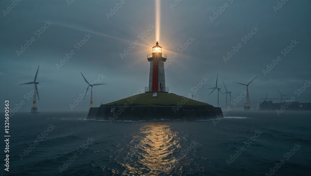 Fototapeta premium A lighthouse beams light amidst wind turbines in a foggy sea landscape.