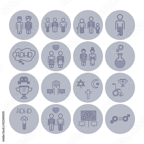 Collection of line icons illustrating various human experiences, conditions, and values such as relationships, societal roles, and personal identities, arranged in grid format