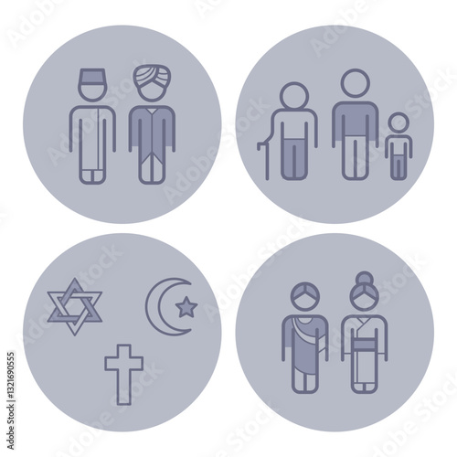 Collection of line icons representing various cultural and religious figures, including families and symbols from different faiths. Diversity and heritage concept