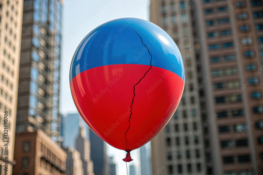 Obraz premium cracked red and blue balloon floats among city skyscrapers, symbolizing fragile real estate market
