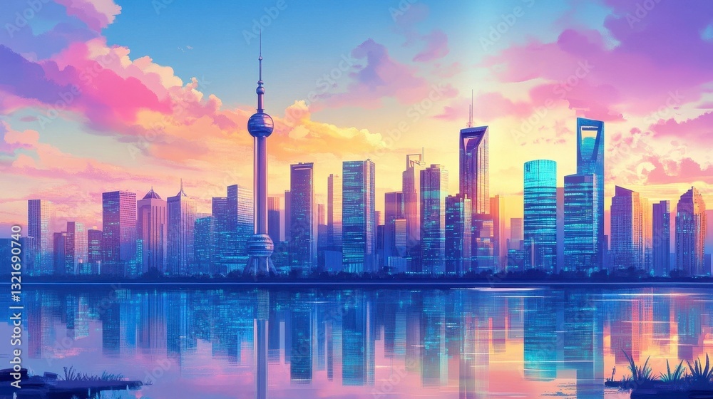 Fototapeta premium Vibrant City Skyline Sunset