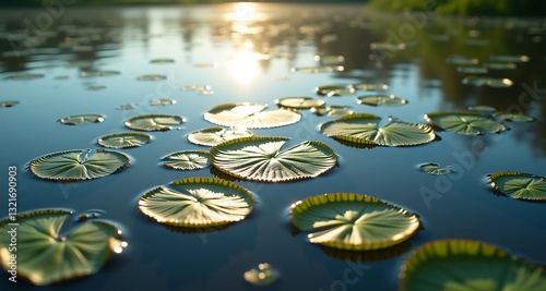 stillness of algae and shimmering water patches