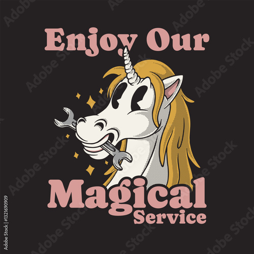 unicorn head biting wrench retro mascot