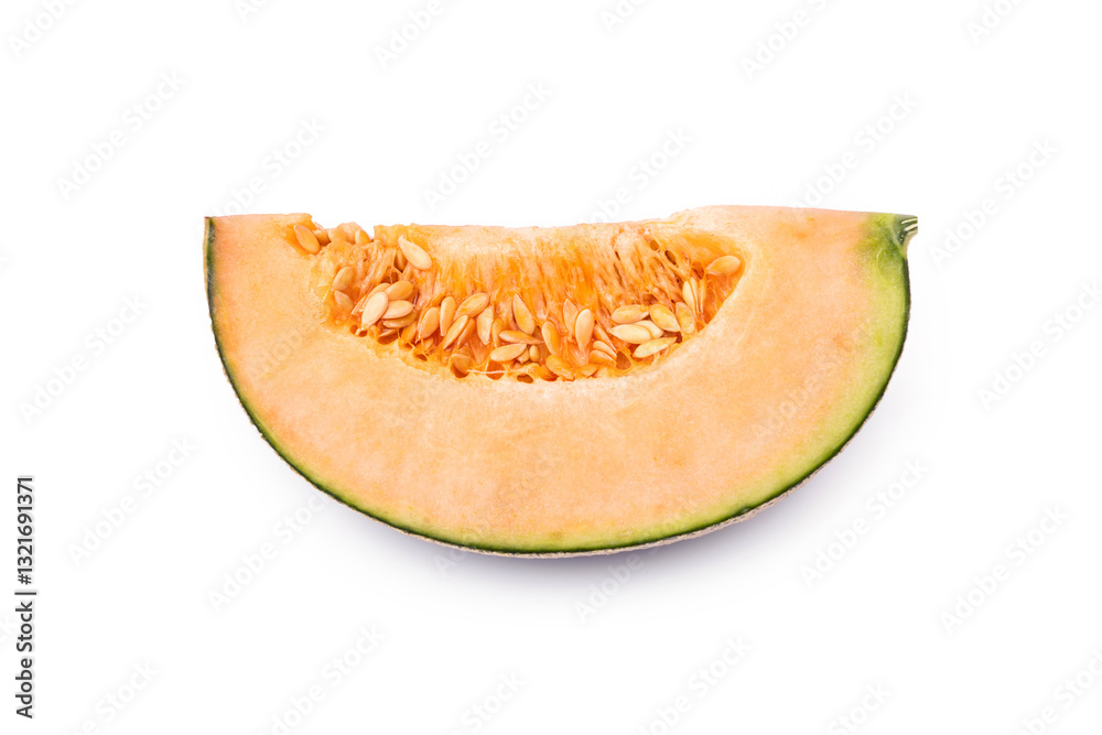 Cut slice of Melon fruit fully ripe has orange flesh and juicy sweet inside with many seeds isolated on white background. Cut slice of Melon fruit fully ripe has orange flesh and juicy sweet inside with many seeds isolated on white background.