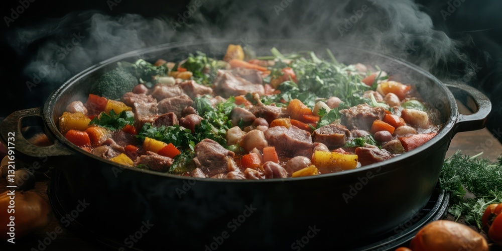 Hearty Vegetable and Meat Stew in Cast Iron Pot Hearty Vegetable and Meat Stew in Cast Iron Pot