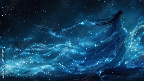 Mythical creatures. Japan myth. Tsukuyomi-no Mikoto, a figure of tranquil grace, glides serenely across the velvety expanse of the night sky. moon god in Japanese mythology photo