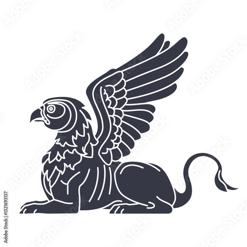A bold vector illustration of a mythical sphinx in a dark silhouette style. This striking design showcases a winged creature with intricate details, inspired by heraldic and fantasy art. 