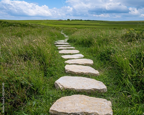 Find inner peace with this stunning image of a stone path meditation leading towards an endless horizon The warm, inviting scene promotes relaxation and mindfulness Imagine yourself walking this