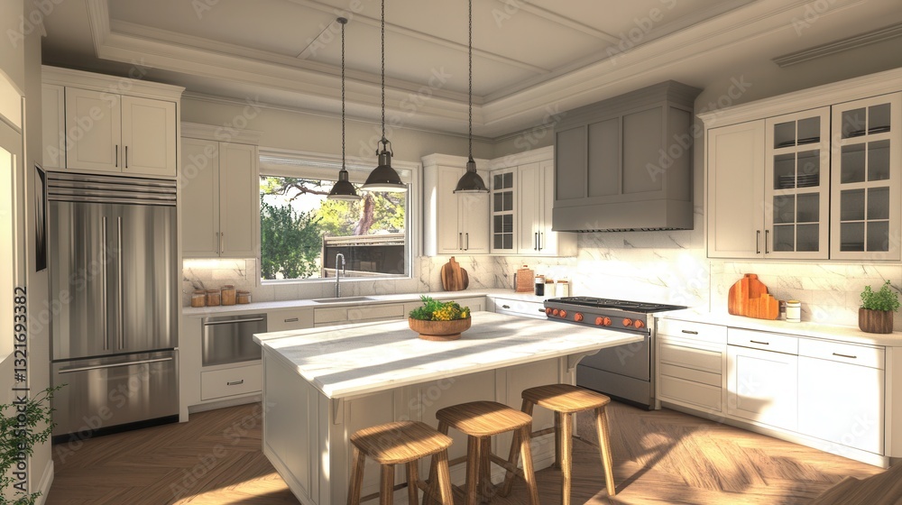 Fototapeta premium a bright modern kitchen with white marble countertops, wooden accents, pendant lighting