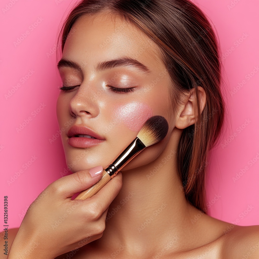 Woman Applying Blush Makeup with Brush Woman Applying Blush Makeup with Brush