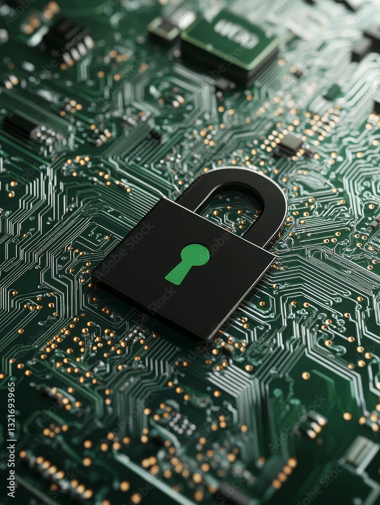 Fototapeta premium A close-up view of a digital padlock featuring a glowing green question mark on a circuit board