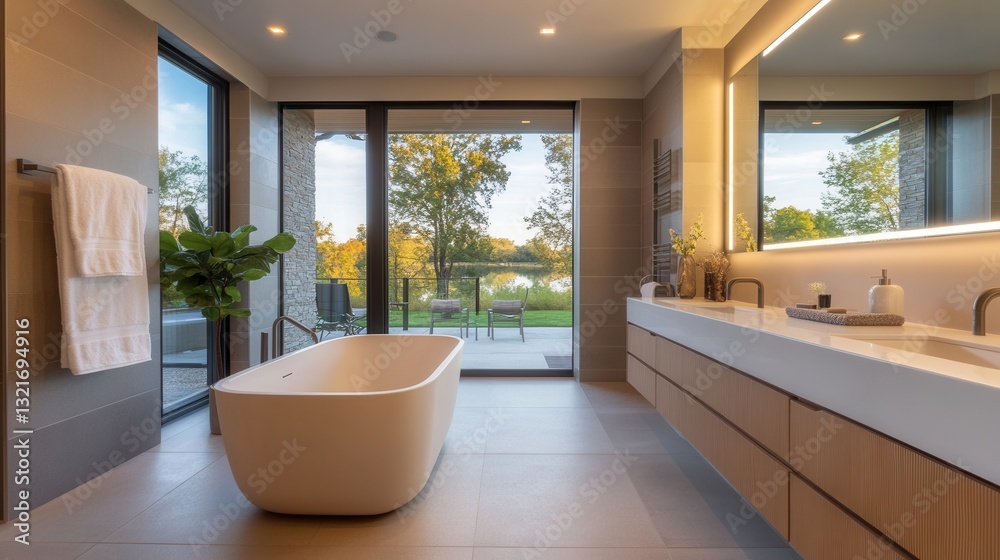 Fototapeta premium a modern minimalist bathroom with a freestanding white bathtub, large-format gray tiles, and a sleek floating vanity. 