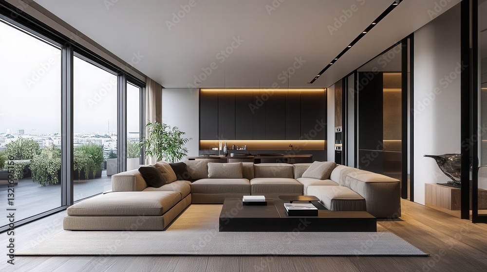 Naklejka premium a stylish modern living room with floor-to-ceiling windows, a neutral color palette