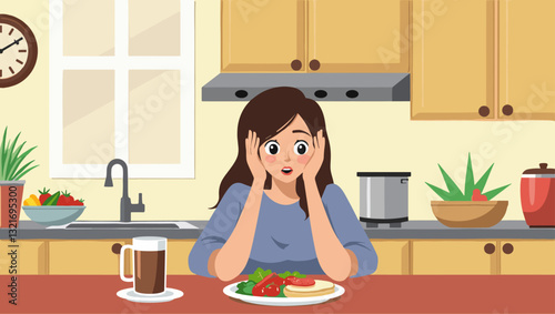 Depressed woman with no appetite staring at a plate of diet food in a kitchen