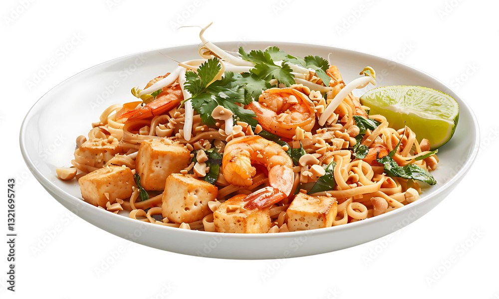 Pad Thai Delight: An appetizing display of Pad Thai, with perfectly cooked noodles, tofu, shrimp, bean sprouts, peanuts and a fresh lime wedge, artfully arranged on a round plate. Pad Thai Delight: An appetizing display of Pad Thai, with perfectly cooked noodles, tofu, shrimp, bean sprouts, peanuts and a fresh lime wedge, artfully arranged on a round plate.