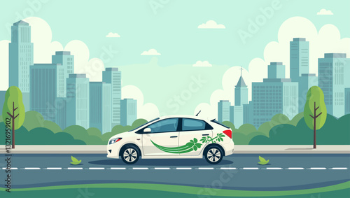Electric Car Driving Through Cityscape Promoting Sustainable Urban Transportation