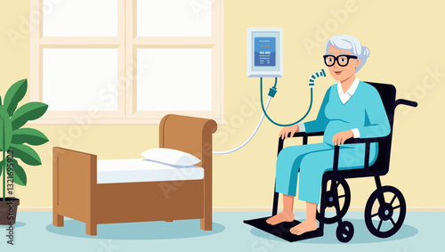 Elderly Woman Receiving Oxygen Therapy in Wheelchair at Nursing Home