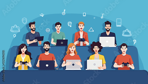 Group of gamers playing on various devices including mobile phones, tablets, laptops, and consoles