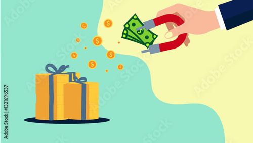Hand with Magnet Attracting Money: Financial Success Concept