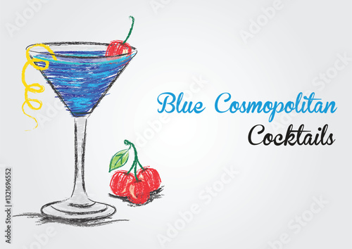 Blue cosmopolitan martini cocktail vector illustration. Tropical summer drinks in glass. Blue cocktail with cherry. Blue martini cocktail drawing. food and drink. menu. brochure flyer. poster. banner