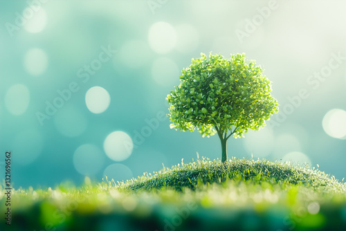 Carbon neutrality and zero emission creative background with green tree and green grass.