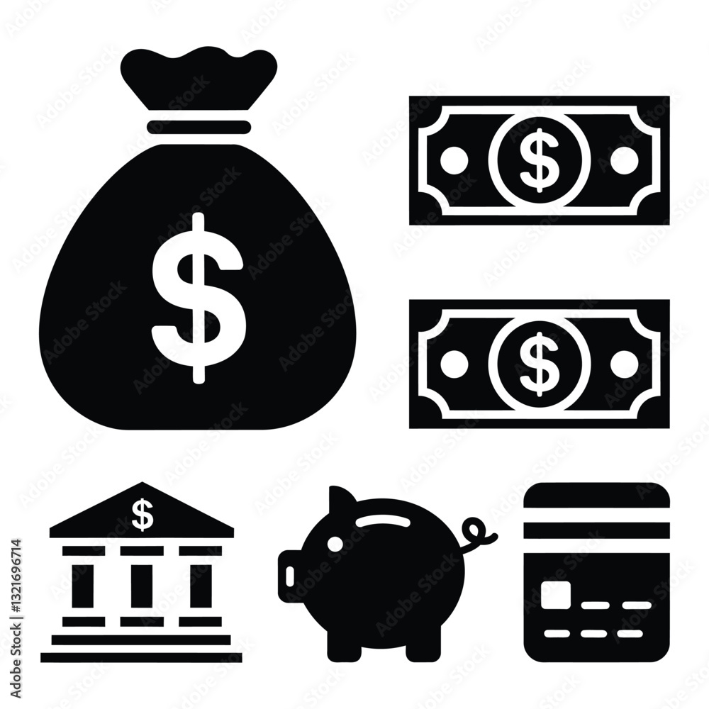 Simple Black and White Financial Icons Set/A collection of black and white, flat icons representing financial concepts. Simple Black and White Financial Icons Set/A collection of black and white, flat icons representing financial concepts.