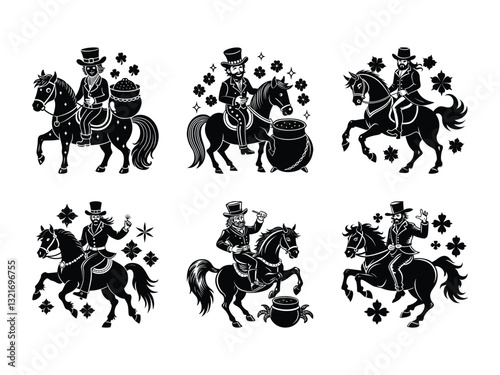 Collection of leprechaun horse riders with lucky charms and gold pots silhouette isolated on white background