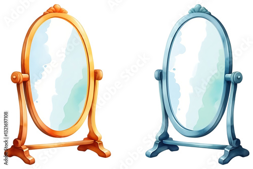 Standing mirrors illustration with gold and blue frames on black background