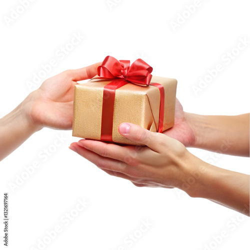 A hand giving a wrapped gift to another hand isolated  
