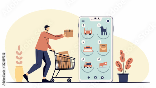 Man Shopping Online via Mobile App with Product Delivery