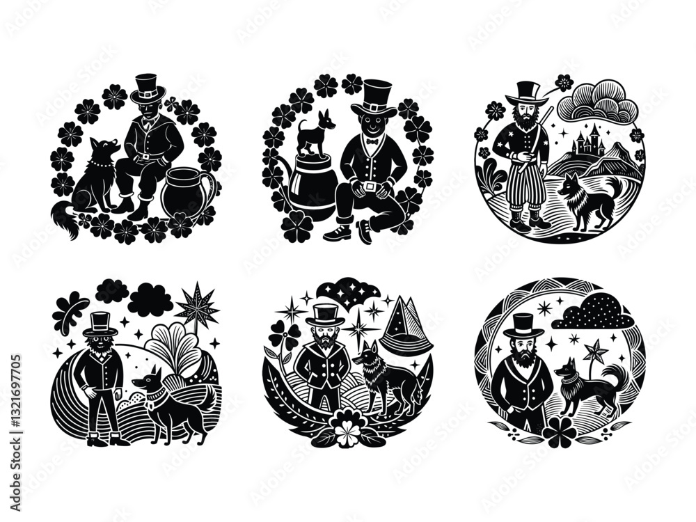 Obraz premium Irish folklore scenes with leprechauns and dogs silhouette isolated on white background