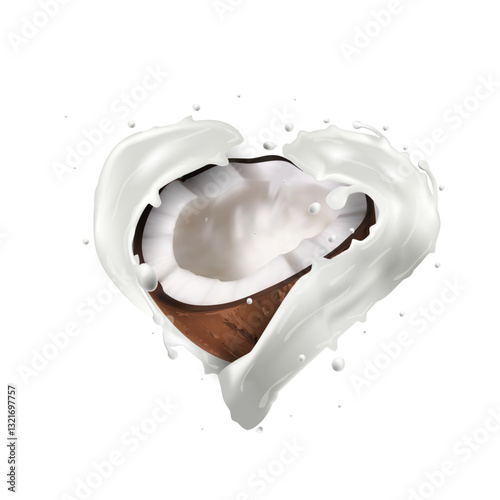Heart Shapes Coconut Milk Splash Isolated On White