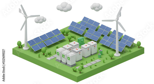 Isometric 3D render of wind turbines solar panels and a battery bank isolated on a white background Depicts alternative renewable power generation and electricity production in the.solar panel, sky, b