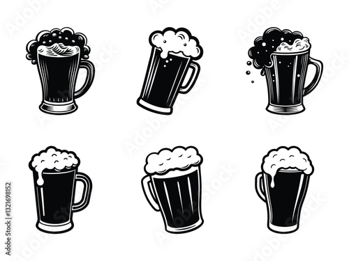 Set of frothy beer mugs and glasses silhouette isolated on white background